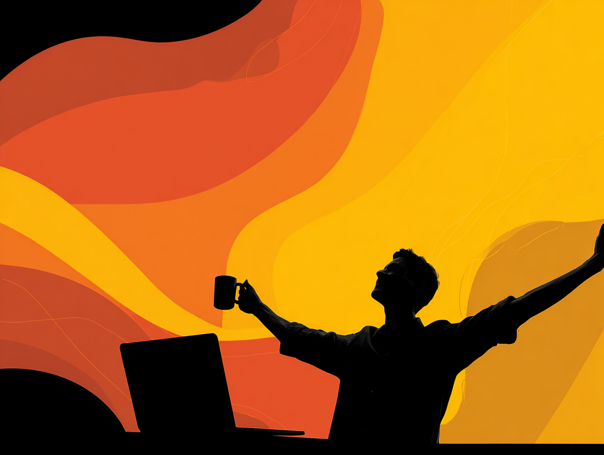 A man holding a cup of coffee celebrating in front of his computer