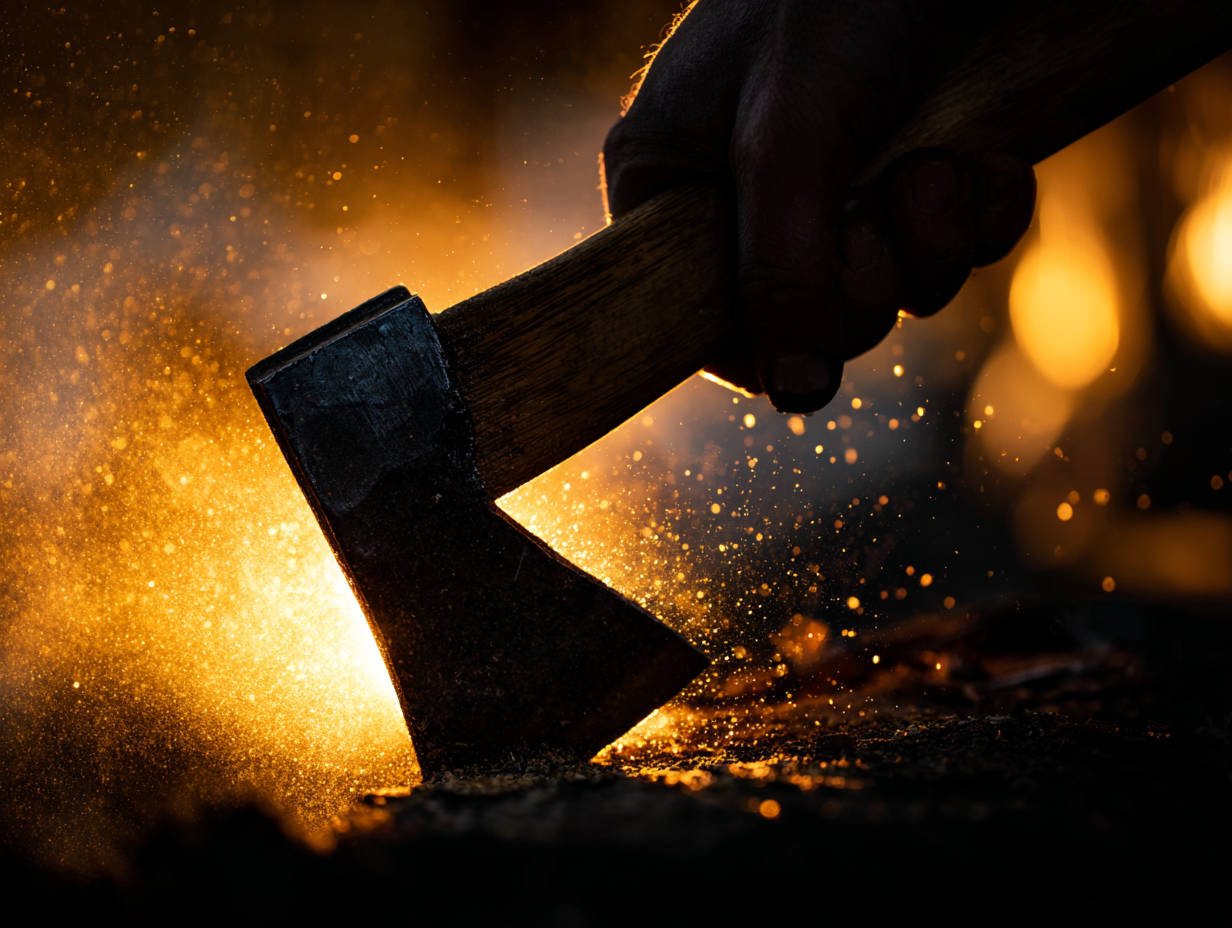 Close up image of a hand holding an axe